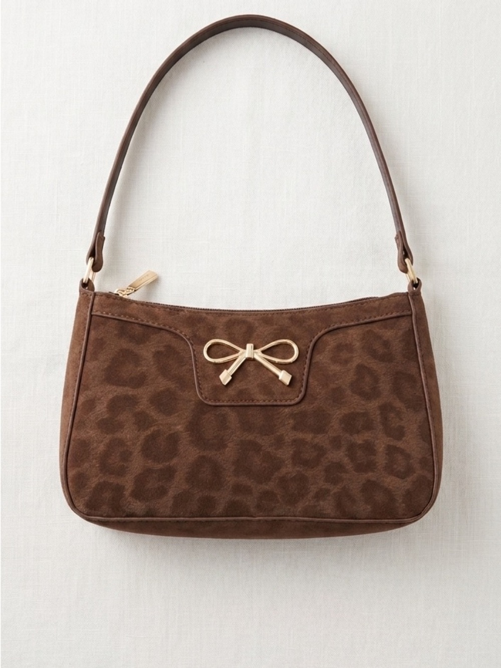 Brown Leopard-Print Shoulder Bag with Gold Bow Accent
